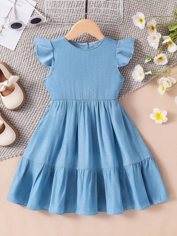 Toddler Girls Fashionable Casual Round Neck Cap Sleeve Patchwork Denim Look Dress, Summer