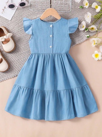 Toddler Girls Fashionable Casual Round Neck Cap Sleeve Patchwork Denim Look Dress, Summer