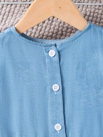 Toddler Girls Fashionable Casual Round Neck Cap Sleeve Patchwork Denim Look Dress, Summer