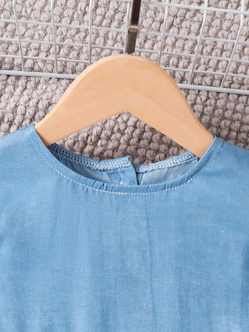 Toddler Girls Fashionable Casual Round Neck Cap Sleeve Patchwork Denim Look Dress, Summer