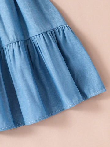 Toddler Girls Fashionable Casual Round Neck Cap Sleeve Patchwork Denim Look Dress, Summer
