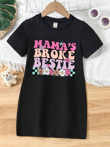 Toddler Girls' Fashionable Casual Short Sleeve T-Shirt Dress With Colorful Flower, Letter Text Print