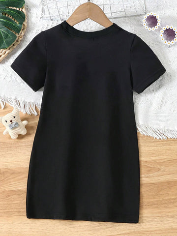 Toddler Girls' Fashionable Casual Short Sleeve T-Shirt Dress With Colorful Flower, Letter Text Print