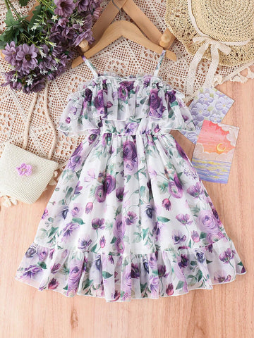 Toddler Girls' Fashionable Ditsy Floral Ruffled Strap Dress For Summer