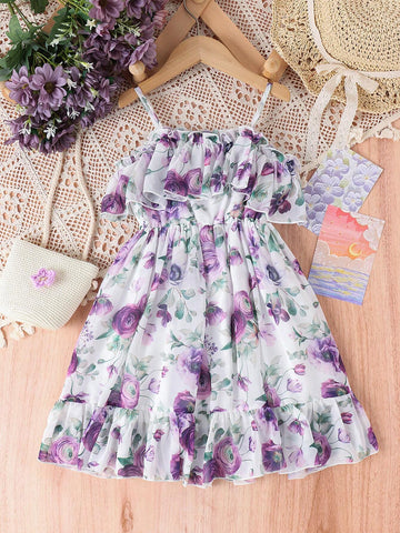 Toddler Girls' Fashionable Ditsy Floral Ruffled Strap Dress For Summer