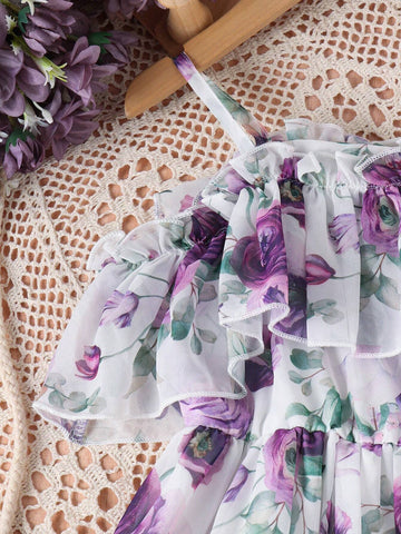 Toddler Girls' Fashionable Ditsy Floral Ruffled Strap Dress For Summer