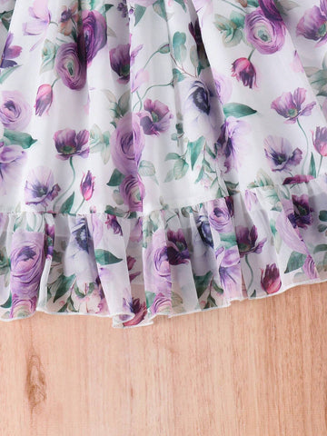 Toddler Girls' Fashionable Ditsy Floral Ruffled Strap Dress For Summer