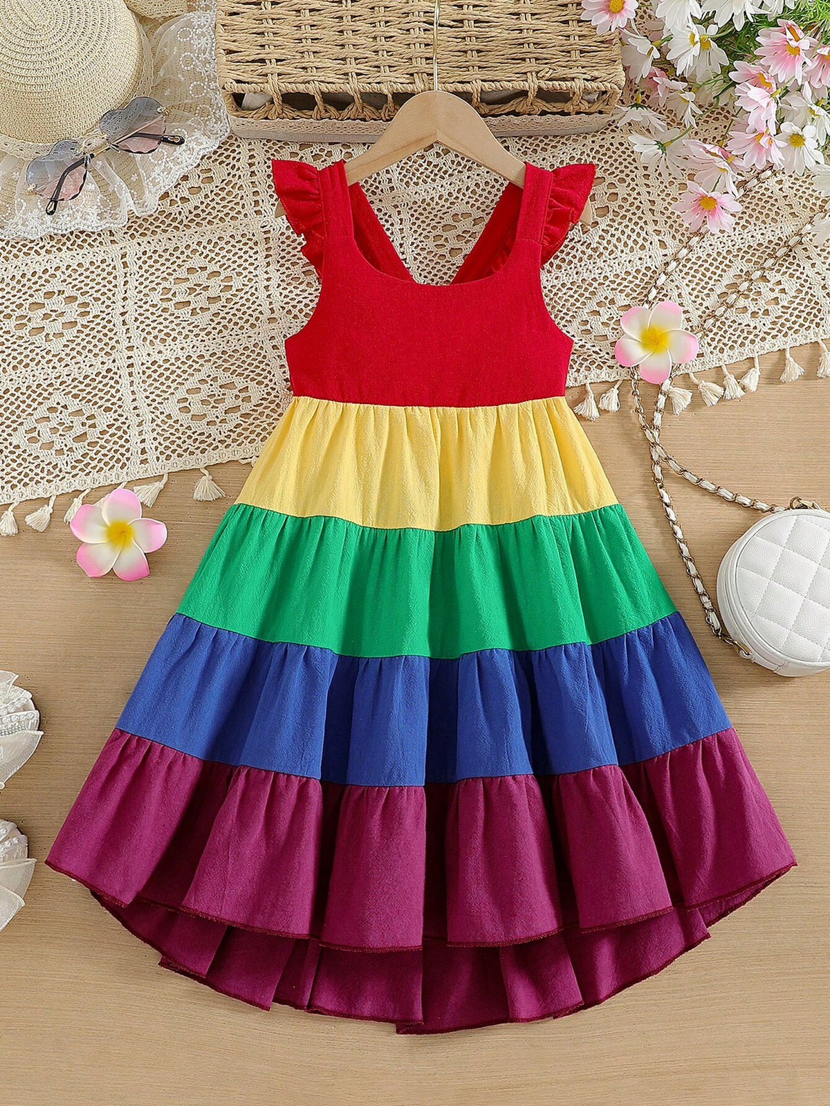 Toddler Girls' Fashionable Rainbow Sleeveless Strap Dress, Summer