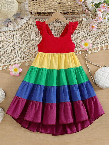 Toddler Girls' Fashionable Rainbow Sleeveless Strap Dress, Summer