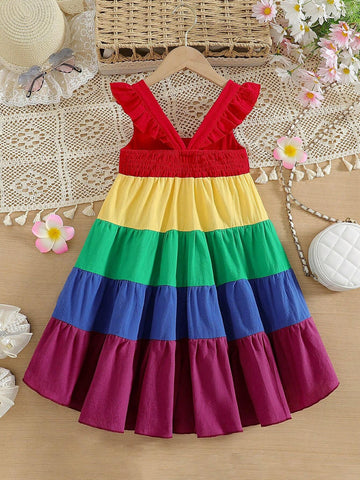Toddler Girls' Fashionable Rainbow Sleeveless Strap Dress, Summer