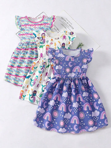 Toddler Girls' Flare Sleeve Cartoon Printed Casual Dress, 3pcs/Set