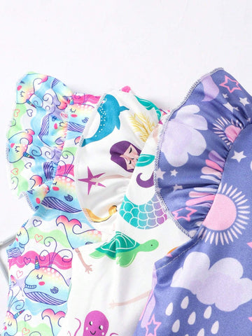 Toddler Girls' Flare Sleeve Cartoon Printed Casual Dress, 3pcs/Set