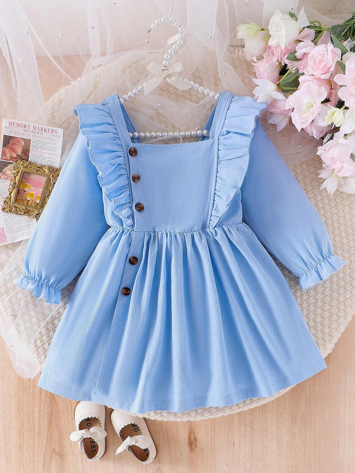 Toddler Girls' Floral Long Sleeve Ruffle Trim Round Collar Princess Dress, Blue