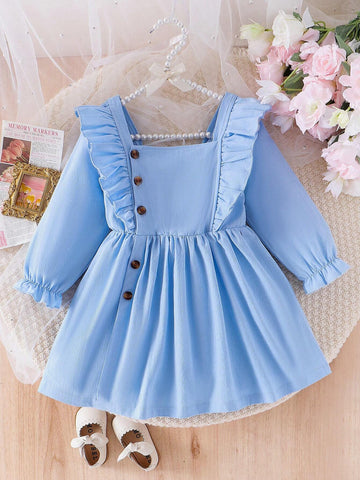 Toddler Girls' Floral Long Sleeve Ruffle Trim Round Collar Princess Dress, Blue