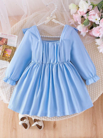 Toddler Girls' Floral Long Sleeve Ruffle Trim Round Collar Princess Dress, Blue