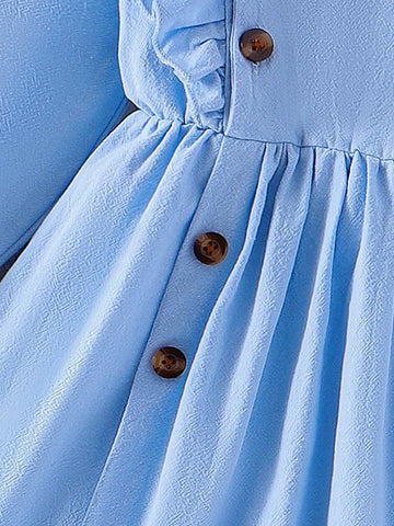 Toddler Girls' Floral Long Sleeve Ruffle Trim Round Collar Princess Dress, Blue