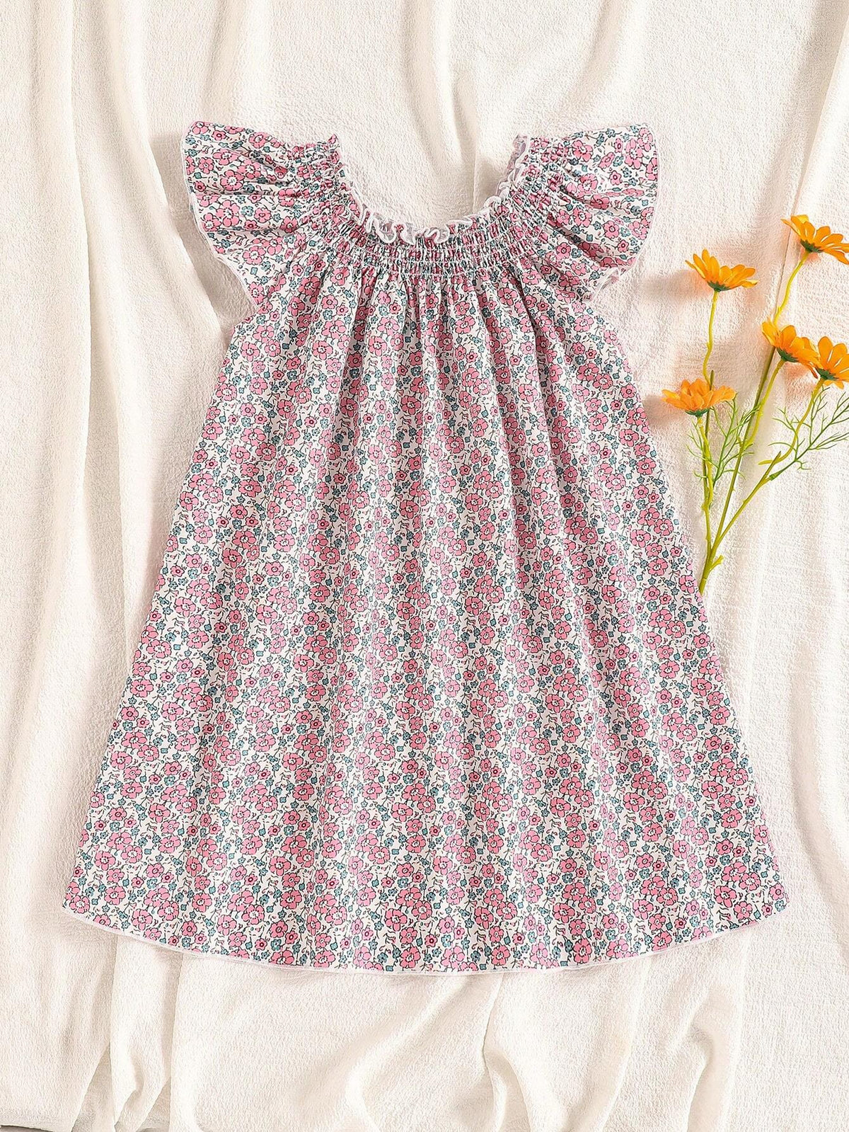 Toddler Girls'' Floral Print Casual A-Line Dress With Cute Ruffle Sleeves, Summer