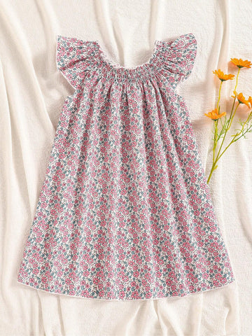 Toddler Girls'' Floral Print Casual A-Line Dress With Cute Ruffle Sleeves, Summer