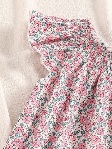 Toddler Girls'' Floral Print Casual A-Line Dress With Cute Ruffle Sleeves, Summer