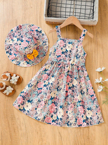 Toddler Girls Flowers Graphic Bow Back Princess Cami Dress & Hat Set For Party Beach Vacation Kids Summer Clothes