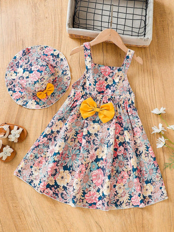 Toddler Girls Flowers Graphic Bow Back Princess Cami Dress & Hat Set For Party Beach Vacation Kids Summer Clothes