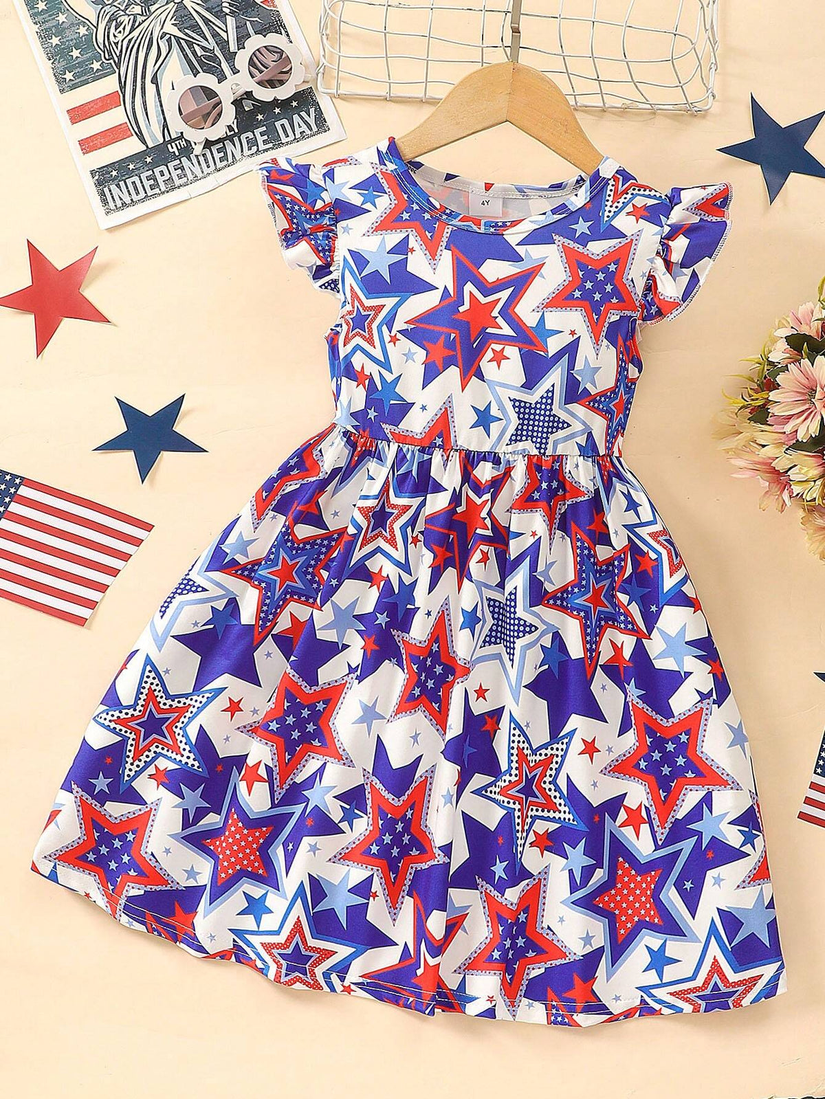 Toddler Girls" Flutter Sleeve Cartoon Star Print Independance Day Casual Dress