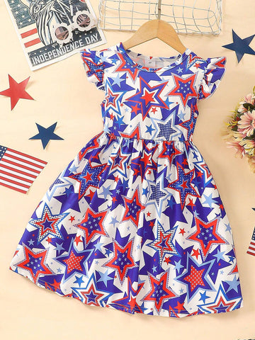 Toddler Girls" Flutter Sleeve Cartoon Star Print Independance Day Casual Dress