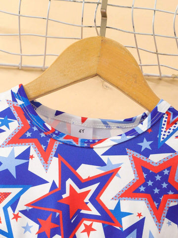 Toddler Girls" Flutter Sleeve Cartoon Star Print Independance Day Casual Dress