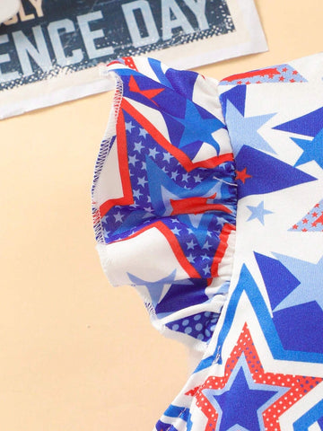 Toddler Girls" Flutter Sleeve Cartoon Star Print Independance Day Casual Dress