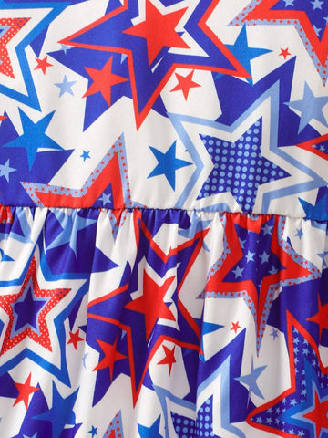 Toddler Girls" Flutter Sleeve Cartoon Star Print Independance Day Casual Dress