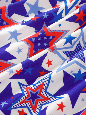 Toddler Girls" Flutter Sleeve Cartoon Star Print Independance Day Casual Dress