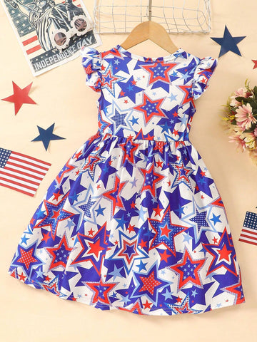 Toddler Girls" Flutter Sleeve Cartoon Star Print Independance Day Casual Dress