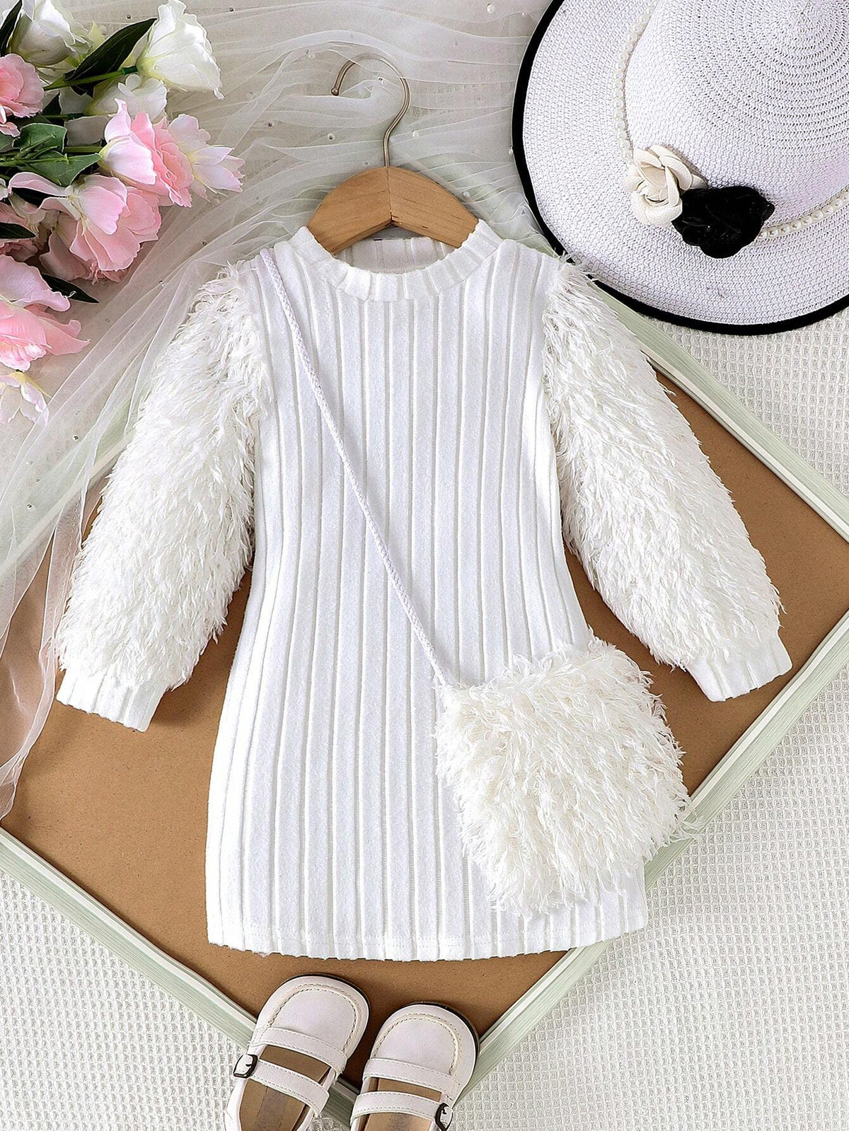 Toddler Girls' Furry Long Sleeve Dress With Bag, Spring/Fall