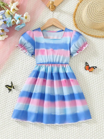 Toddler Girls" Gradient Printed Square Neck Bubble Sleeve Dress