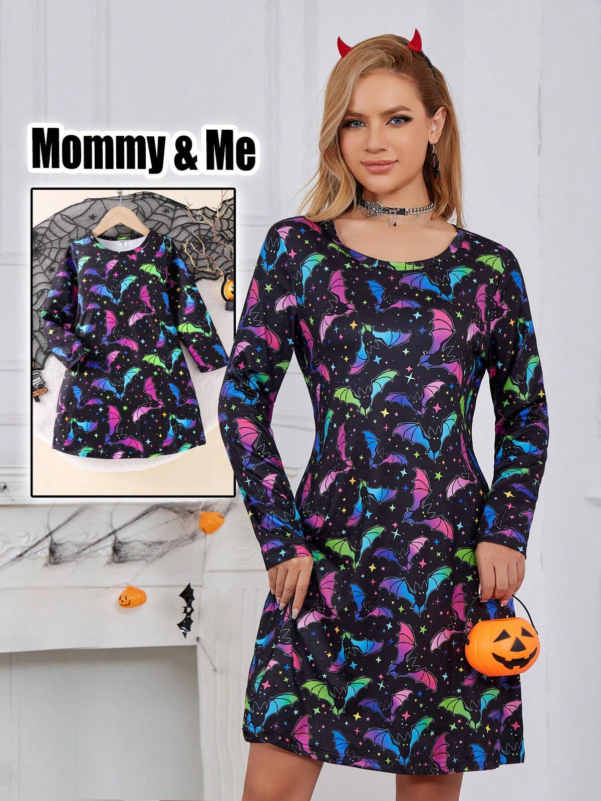 Toddler Girls Halloween Bat & Moon Luminescent Print Long Sleeve Crew Neck Autumn Mommy And Me Matching Outfits (2 Pcs Sold Separately)