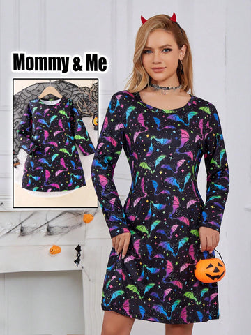 Toddler Girls Halloween Bat & Moon Luminescent Print Long Sleeve Crew Neck Autumn Mommy And Me Matching Outfits (2 Pcs Sold Separately)