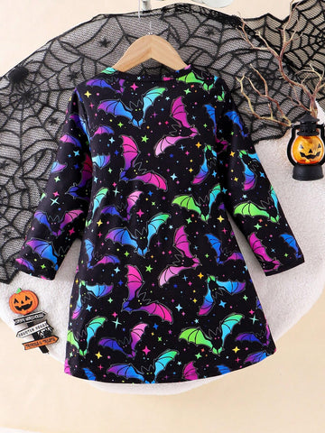 Toddler Girls Halloween Bat & Moon Luminescent Print Long Sleeve Crew Neck Autumn Mommy And Me Matching Outfits (2 Pcs Sold Separately)