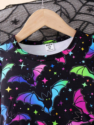 Toddler Girls Halloween Bat & Moon Luminescent Print Long Sleeve Crew Neck Autumn Mommy And Me Matching Outfits (2 Pcs Sold Separately)