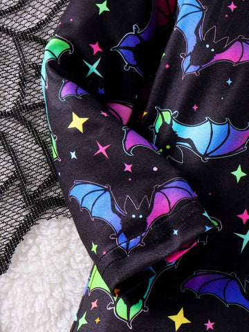 Toddler Girls Halloween Bat & Moon Luminescent Print Long Sleeve Crew Neck Autumn Mommy And Me Matching Outfits (2 Pcs Sold Separately)