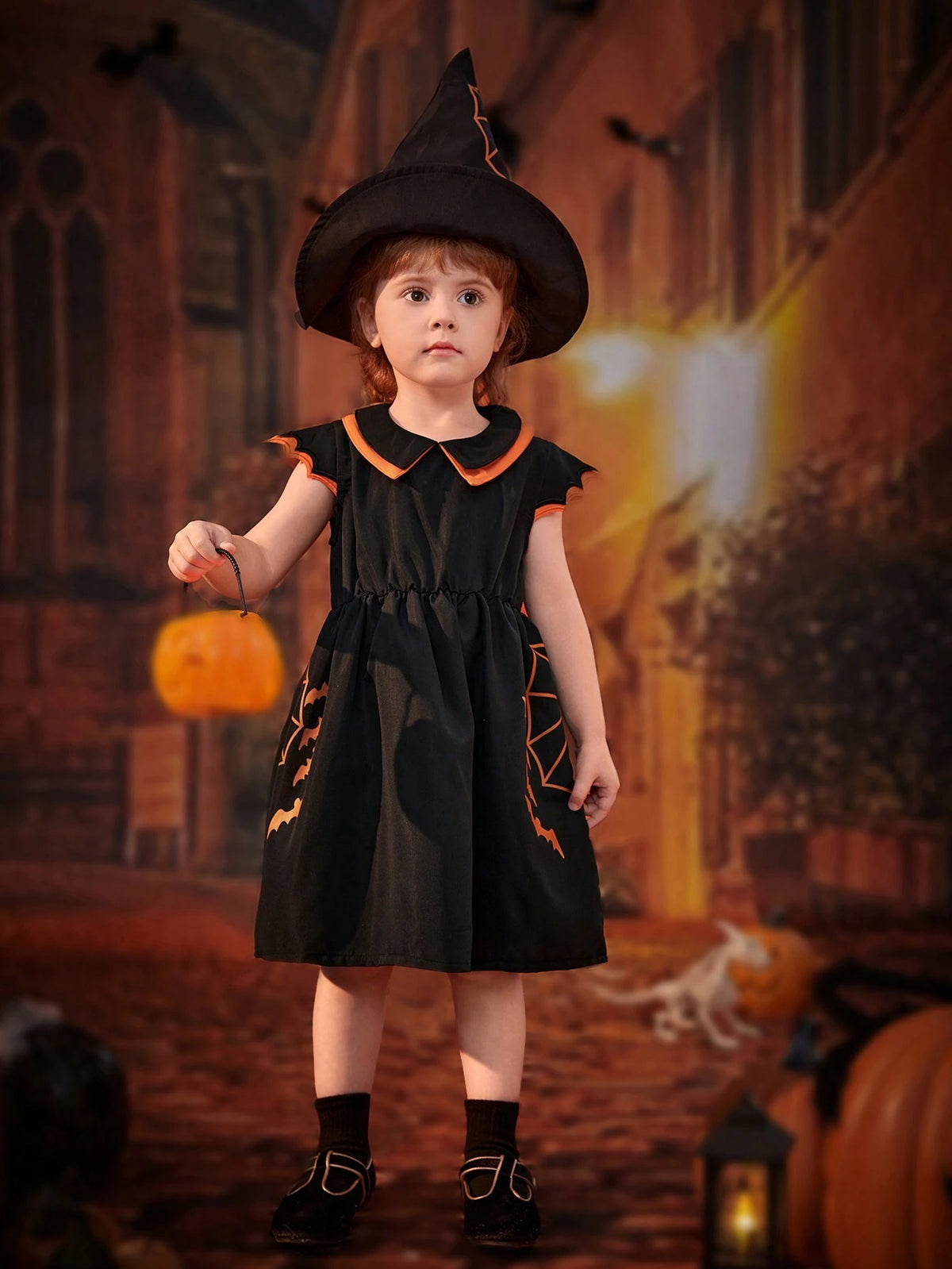 Toddler Girls' Halloween Cap Sleeve Colorblock Collar Dress, 2024 New Summer Fashion Cute & Elegant