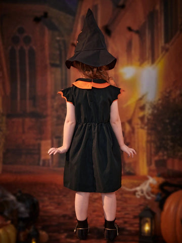 Toddler Girls' Halloween Cap Sleeve Colorblock Collar Dress, 2024 New Summer Fashion Cute & Elegant