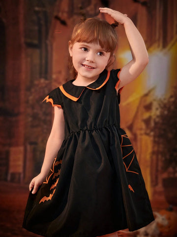 Toddler Girls' Halloween Cap Sleeve Colorblock Collar Dress, 2024 New Summer Fashion Cute & Elegant