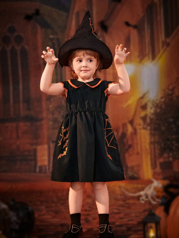 Toddler Girls' Halloween Cap Sleeve Colorblock Collar Dress, 2024 New Summer Fashion Cute & Elegant