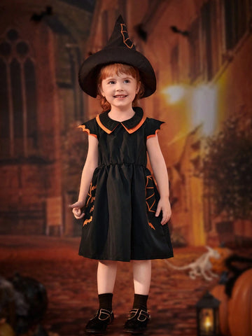 Toddler Girls' Halloween Cap Sleeve Colorblock Collar Dress, 2024 New Summer Fashion Cute & Elegant