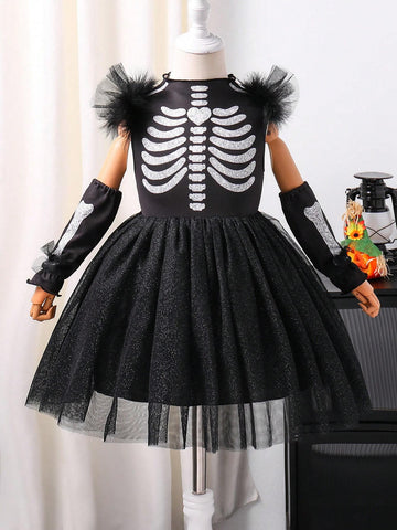 Toddler Girls Halloween Casual & Elegant Gothic Style Furry Bone Decor Silver Glitter Colorful Bone Pattern Turtleneck Bodysuit With A-Line Glittery Tulle Dres