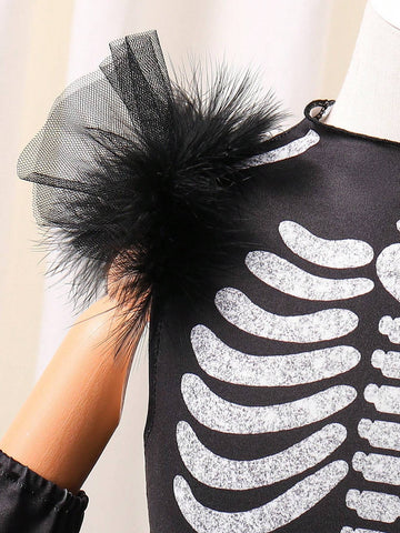 Toddler Girls Halloween Casual & Elegant Gothic Style Furry Bone Decor Silver Glitter Colorful Bone Pattern Turtleneck Bodysuit With A-Line Glittery Tulle Dres