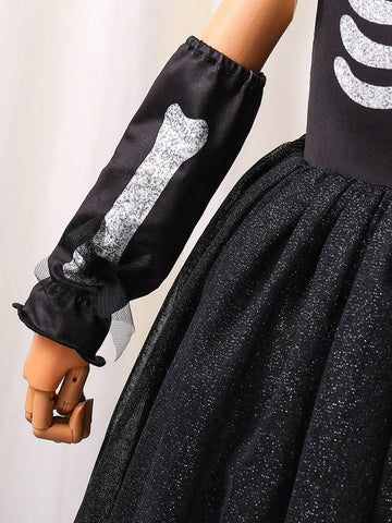 Toddler Girls Halloween Casual & Elegant Gothic Style Furry Bone Decor Silver Glitter Colorful Bone Pattern Turtleneck Bodysuit With A-Line Glittery Tulle Dres