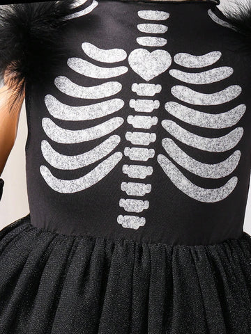 Toddler Girls Halloween Casual & Elegant Gothic Style Furry Bone Decor Silver Glitter Colorful Bone Pattern Turtleneck Bodysuit With A-Line Glittery Tulle Dres