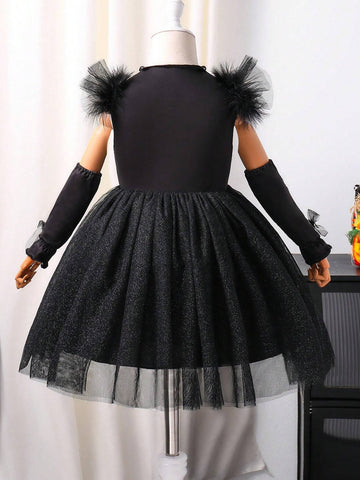 Toddler Girls Halloween Casual & Elegant Gothic Style Furry Bone Decor Silver Glitter Colorful Bone Pattern Turtleneck Bodysuit With A-Line Glittery Tulle Dres