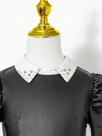 Toddler Girls' Halloween Fun Style White Shirt Collar With Rhinestones, PU Long Sleeve Waistline A-Line Dress